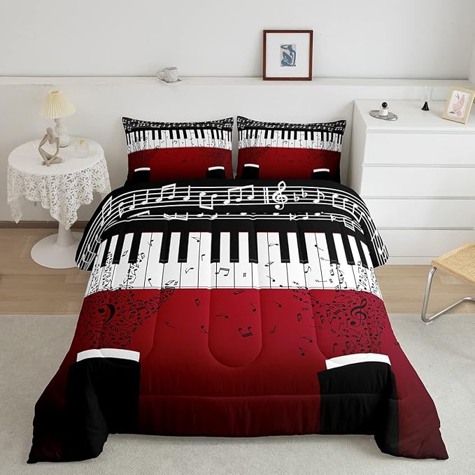 Erosebridal Music Notes Comforter Set for Kids Boys Teens Men Piano Keys Down Comforter Queen Size Rock Musical Bedding Set Play Piano Duvet Sets Music Bedroom decor with 2 Pillow Cases Red Black