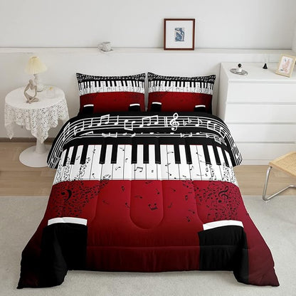 Erosebridal Music Notes Comforter Set for Kids Boys Teens Men Piano Keys Down Comforter Queen Size Rock Musical Bedding Set Play Piano Duvet Sets Music Bedroom decor with 2 Pillow Cases Red Black