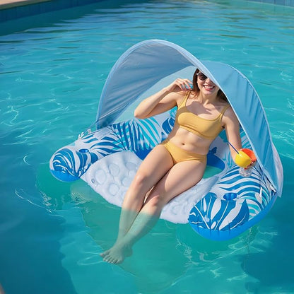 Pool Float for Adults with Canopy, XL Inflatable Chair Lounge Floaties with Adjustable Sun Shade Cover, Drink Holder, Ergonomic Headrest