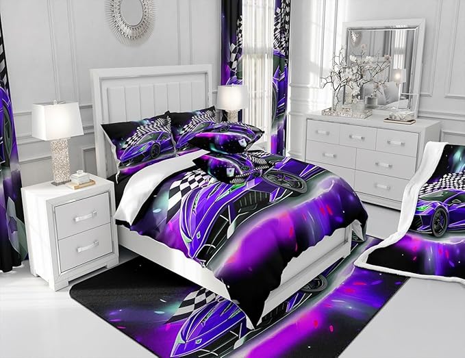 Purple Race Car Comforter Set Queen Size, Black White Lattice Bedding Set 2pcs for Kids Boys Teens Room Decor,Extreme Sport Games Quilt Set,Cool Modern Duvet Insert with 2 Pillowcases