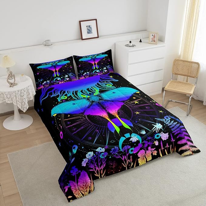 Erosebridal Moth Comforter Set Hippie Psychedelic Sun and Moon Bedding Set Full,Purple Blue Ombre Galaxy Floral Botanical Comforter for Girls Teens Women Stars Planet Quilt Duvet 2 Pillowcases