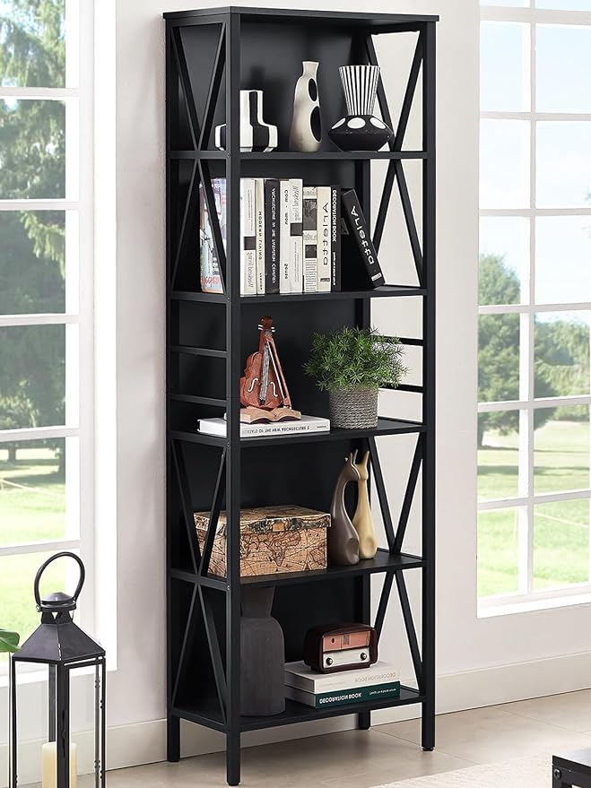 HOMISSUE Bookshelf, 6-Tier Bookshelf, Rustic Wood Metal Bookshelves and Bookcases, Freestanding Open Bookshelf, Industrial Tall Bookcase for Home Office, Living Room and Bedroom, Black