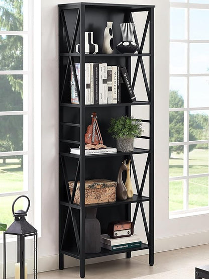 HOMISSUE Bookshelf, 6-Tier Bookshelf, Rustic Wood Metal Bookshelves and Bookcases, Freestanding Open Bookshelf, Industrial Tall Bookcase for Home Office, Living Room and Bedroom, Black