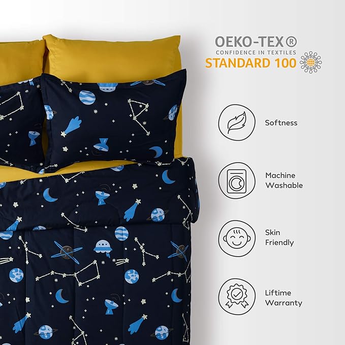 SLEEP ZONE Kids Bedding Comforter Set Full/Queen Size - Super Soft & Cute Printed 3-Piece Comforter Set All Seasons for Boys, Girls, Fade Resistant, Machine Washable, Blue Galaxy