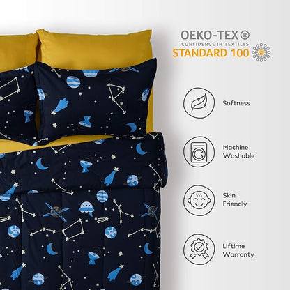 SLEEP ZONE Kids Bedding Comforter Set Full/Queen Size - Super Soft & Cute Printed 3-Piece Comforter Set All Seasons for Boys, Girls, Fade Resistant, Machine Washable, Blue Galaxy
