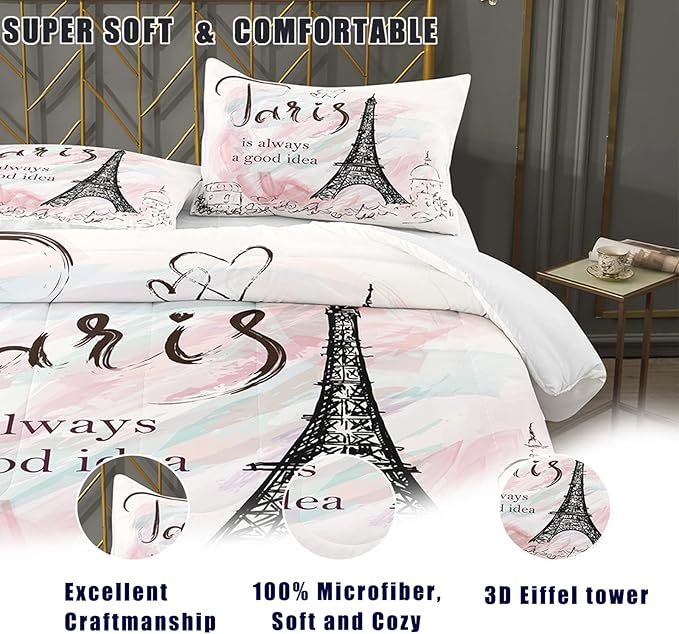 Bodhi Full Size Paris Comforter Set,Girls Pink bedding set,Cartoon eiffel tower Comforter Set,Girls Comforter with Matching Pillowcase,Pink Girls Bed Set Full Size