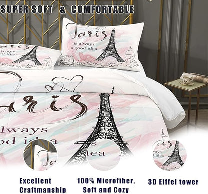 Bodhi Pink Comforter Set Twin,Paris Comforter Set for Girls,Cartoon Sketch Eiffel Tower Pink Bedding Set,Girls Pink Paris Bedding Set with Matching Pillowcase,Eiffel Tower Bedding Set