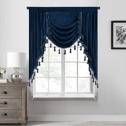 Navy Blue Velvet Waterfall Valances W39 inches, 1 Panel | Classic Valance Curtains for Bay Window, Kitchen, Victorian Match Curtains for Backdrops, Rod Pocket