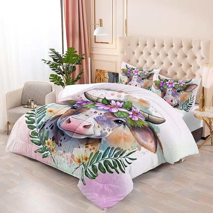 CVHOUSE Kawaii Cow Comforter Sets King for Girls Women,Kawaii Cow Bedding Sets California King Set,Cow Bedspread,Cow Duvet,Cow Bed Set,Cow Quilt Set 3 Pcs 1 Comforter and 2 Pillowcases