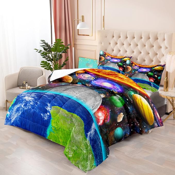 Space Comforter Set Full Solar System Bedding Full Comforter Sets Galaxy Outer Space Bedroom Decor for Boys Bed Set Full Size Earth Planet Quilt Set with 1 Comforter 2 Pillowcases