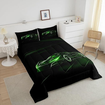Feelyou Green Race Car Bedding Set Full Size for Kids Boys Extreme Sport Games Comforter Set Teens Toddler Fast and Furious Duvet Set Cool Modern Quilt Set 3Pcs