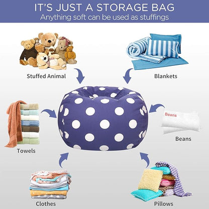 Aubliss Stuffed Animal Storage Bean Bag Chair Cover (No Beans), Stuff and Sit Storage Bean Bag for Kids Toy Storage, Medium 32"-Canvas Dot Navy