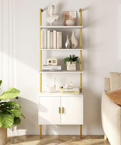 Yusong 73" Tall Bookshelf with Cabinet, Industrial Ladder Wall Mount Shelf Bookcase with Wood and Metal Frame, Plant Shelf Wall Storage Display for Living Room Bedroom, White Gold