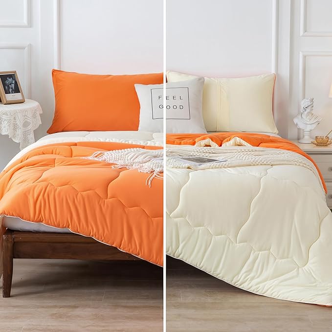COTTEBED Reversible Softness Bright Orange and Beige King Size Comforter Set Clearance, Jersey Knit T-Shirt Feel California King Cozy Bedding Down Blanket Quilt & Pillowsham for Women Men All Season