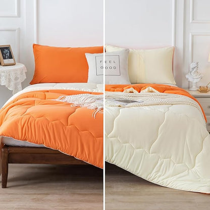 COTTEBED Reversible Softness Bright Orange and Beige King Size Comforter Set Clearance, Jersey Knit T-Shirt Feel California King Cozy Bedding Down Blanket Quilt & Pillowsham for Women Men All Season