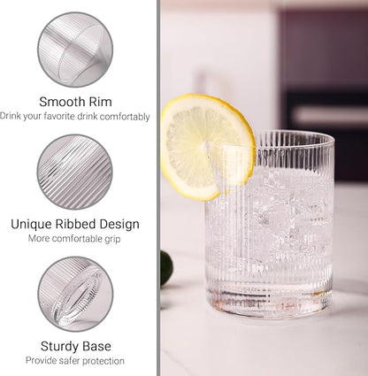 JOVGANK Drinking Glasses Set of 8 – Lead-Free Crystal Glassware, 4 Tall 15oz & 4 Short 10oz Vintage Ribbed Tumbler Glasses, Dishwasher Safe, for Juice Beer Cocktails, Great Housewarming Gift, Set A
