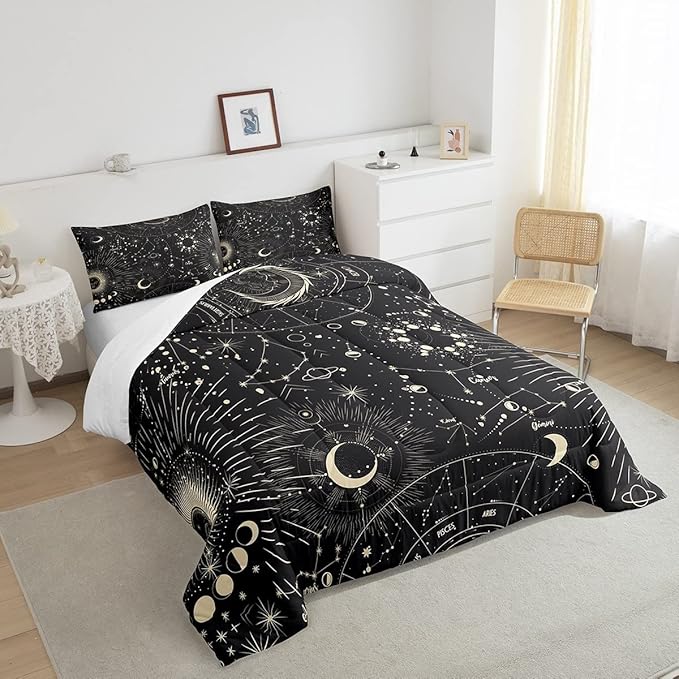 Feelyou Sun and Moon Comforter Set Boho Exotic Bedding Set Galaxy Astrology Comforter for Boys Girls Children Teens Bedroom Decor Chic Cute Luxury Zodiac Signs Duvet Set King Size Quilt Set