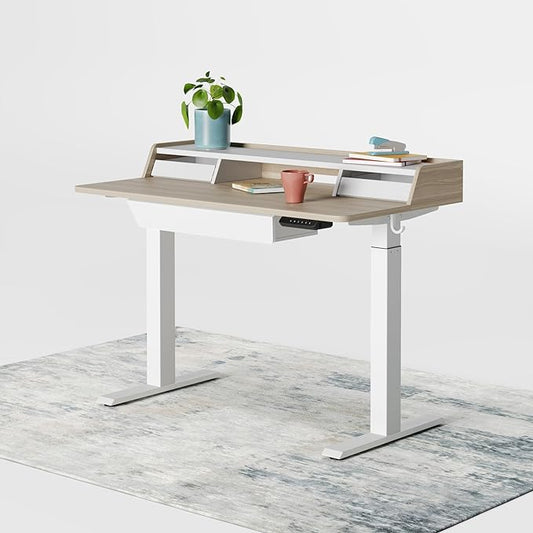 FEZIBO Standing Desk with Drawers, 48 x 25 Inch Adjustable Height Stand Up Desk with Storage Shelf, Home Office Desk with Monitor Stand, Light Walnut