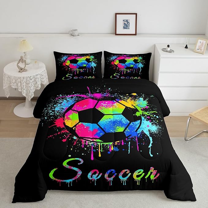 Feelyou Kids Soccer Ball Game Comforter Set Queen Size Football Bedding Set for Boys Girls Teens Bedroom Decor Rugby Sports Comforter American Football Player Duvet Set with 2 Pillow Case