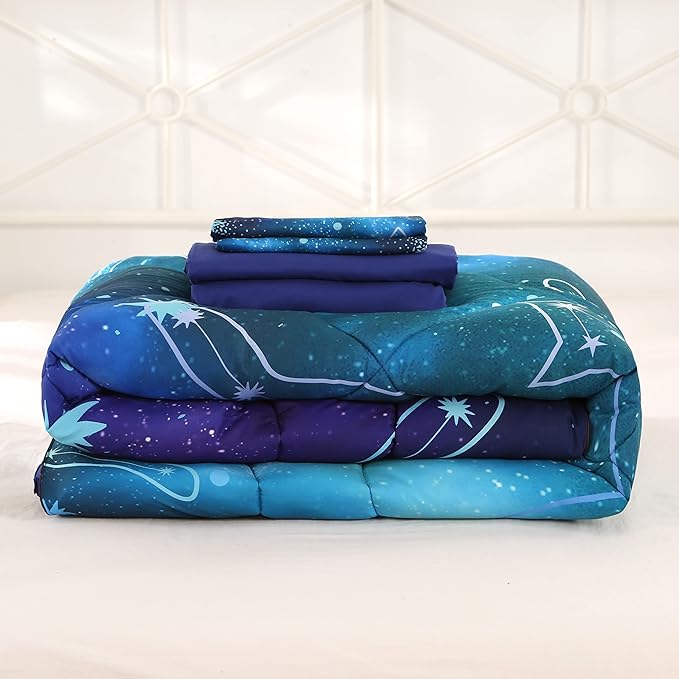 Wowelife Galaxy Bedding Set Full Size 5 Pieces Galaxy Space Comforter Set Blue 3D Galaxy Kids Comforter Sets Lightweight with Comforter, Flat Sheet, Fitted Sheet and 2 Pillowcases