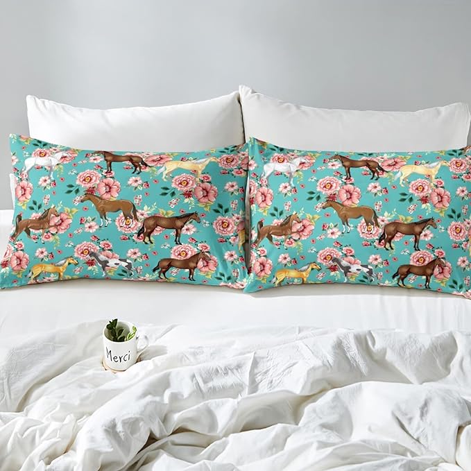 Kids Horse Bedding Set Chic Retro Floral Bedding Comforter Set for Girls Teens Galloping Horse Printed Comforter 3D Wild Farm Animal Duvet Set Bedroom Decor Quilt Set 2Pcs Twin Size, Green Pink