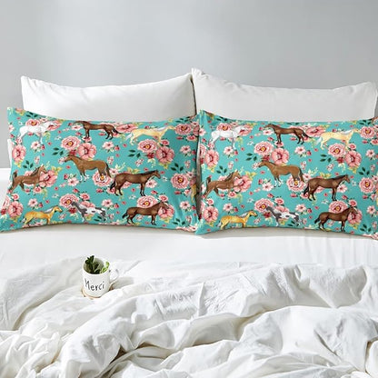 Erosebridal Girls Horse Comforter Set Full Size Pink Flower Bedding Set for Kids Galloping Horse Down Comforter Bedroom Decor Farm Animal Horse Gifts Quilt Set for Women, Cowboy Cowgirls Quilt Set