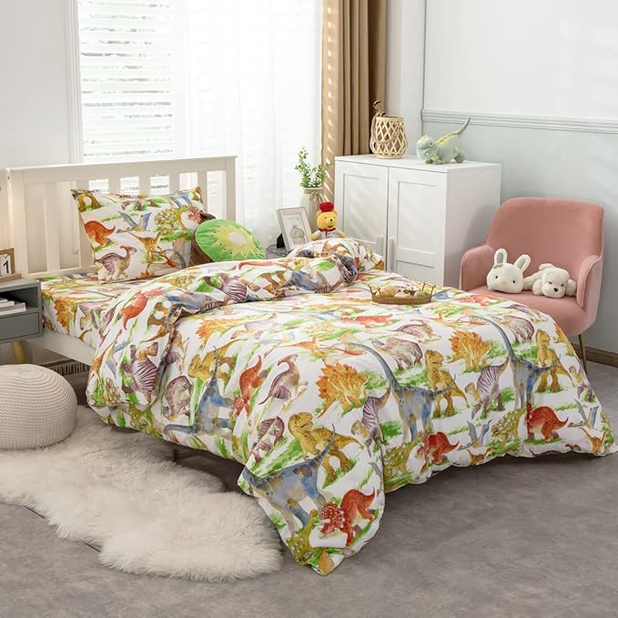 Feelyou Kids Dinosaur Comforter Set Queen Size Boys Girls Watercolor Cute Dino Bedding Set Ultra Soft Lightweight Jungle Animal Pattern Comforter for Children (1 Comforter + 2 Pillowcases, Queen)