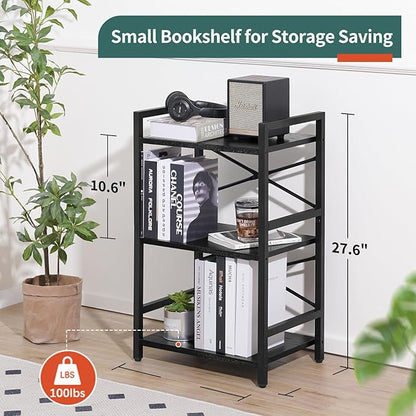 Yoobure Bookshelf Small Book Shelf, Solid Industrial 3 Tier Shelf Bookcase, Short Book Case for Bedroom, Living Room, Office Home, Small Spaces, Black