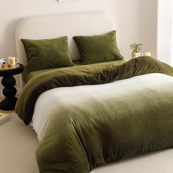 Wellboo Army Green Gradient Comforter Sets Full Green White Fluffy Bedding Comforters Modern Gradient Dark Green Flannel Quilts Farmhouse Abstract Art Watercolor Comforters Sherpa Fuzzy Plush Bedding