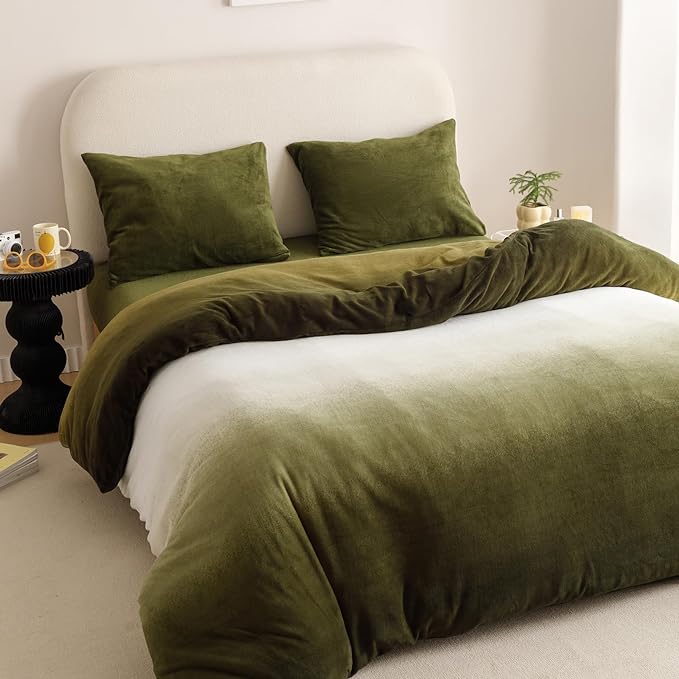 Wellboo Army Green Gradient Comforter Sets Queen Green White Fluffy Bedding Comforters Modern Gradient Dark Green Flannel Quilts Farmhouse Abstract Art Watercolor Comforters Sherpa Fuzzy Plush Bedding