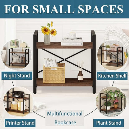 BON AUGURE Small Short Bookshelf, Wood 2 Shelf Etagere Bookcase, Metal Low Book Shelf for Small Spaces Living Room, Bedroom, Office (Rustic Oak)
