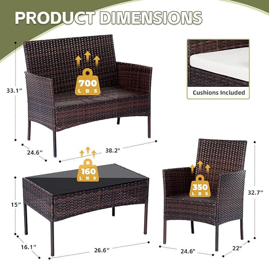 Patio Furniture Set,4 Piece Garden Conversation Set, Outdoor Wicker Rattan Table and Chairs, Black Patio Set, Sectional Sofa with Thick Cushion for Garden, Yard, or Porch (Brown/Beige)