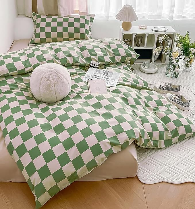 Green White Grid Comforter Set Full Sage Green Plaid Bedding Set Girls Light Green White Checkered Bed Comforter Set Breathable Blanket Set Kids Durable Bedding Comforter Set