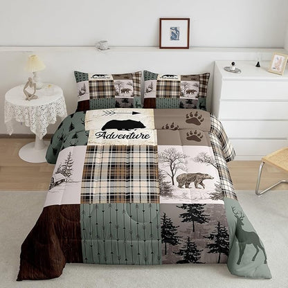 Rustic Farmhouse Kids Comforter Set Twin Size,Deer Antlers Bear Paws Plaids Patchwork Bedding Set for Boys Girls Adults Room Decor,Pine Trees Arrows Down Comforter,Xmas Duvet Insert,1 Pillowcase