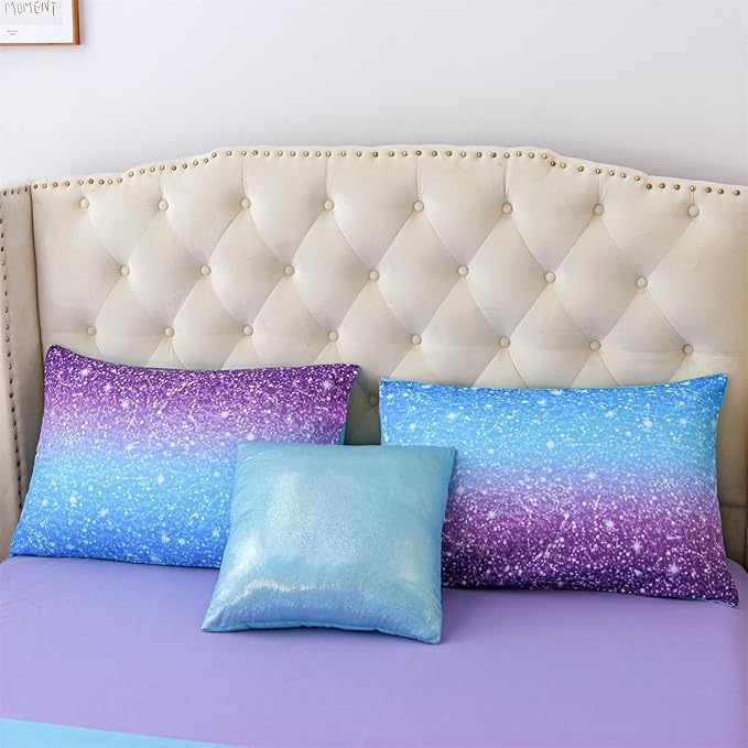 A Nice Night Girls Comforter Set Full Size 6 Piece Bed in A Bag 3D Colorful Sparkle Galaxy Rainbow Bedding Comforter Sheet Sets for Kids,BluePurple