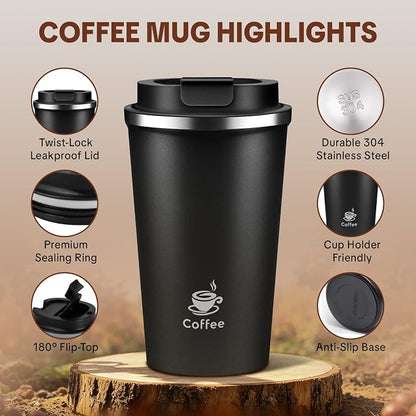 17oz Travel Coffee Mug ,Leakproof Vacuum Coffee Cup Insulated Tumbler | 304 Stainless Steel, Double-Wall Vacuum Insulated, Leakproof, Fits Hot & Cold Drinks Car Cup Holders, Travel, Office