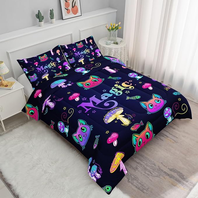 Datura home Mushroom Cat Kids Comforter Bedding Set for Boys Girls, Cartoon Mixed Color Mushroom and Cute Cat Fishbone Pattern Comforter with 2 Pillowcases(Mushroom Cat Queen)