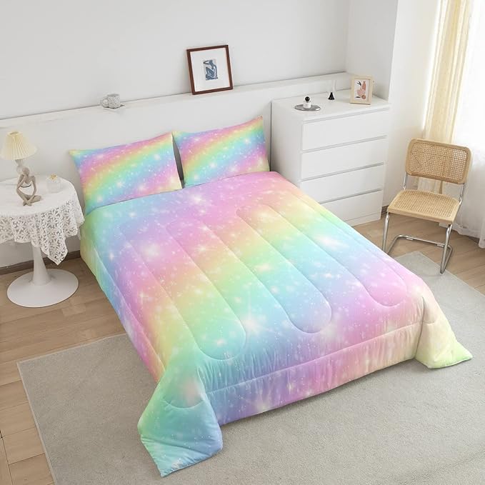 Erosebridal Rainbow Bedding Set for Kids Girls Teens Women Tie Dye Pastel Comforter Set King Size Golden Stars Glitter Bedding Comforter Set Watercolor Art Girly Quilt Set Sweet Bedroom Decor 3 Piece