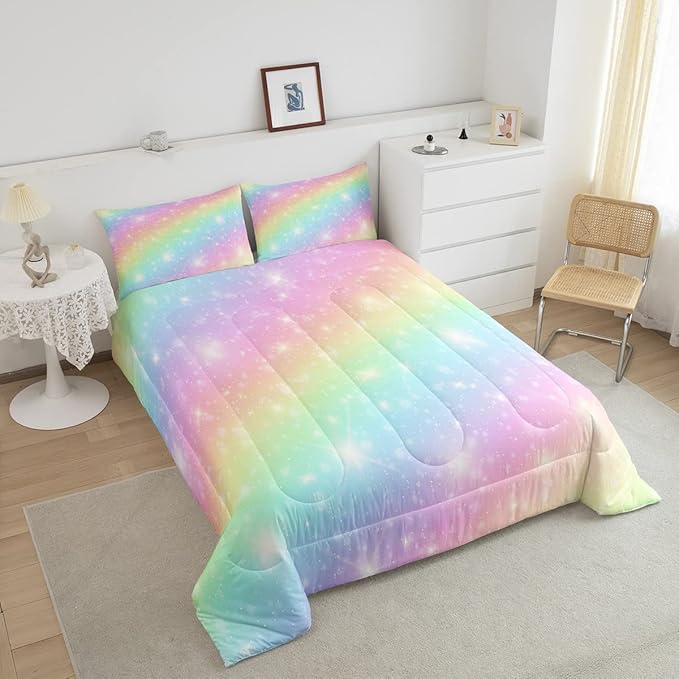 Erosebridal Rainbow Bedding Set for Kids Girls Teens Women Tie Dye Pastel Comforter Set Twin Size Golden Stars Glitter Bedding Comforter Set Watercolor Art Girly Quilt Set Sweet Bedroom Decor 2 Piece