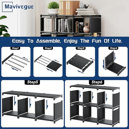 Mavivegue Book Shelf, 6 Cube Storage Organizer, DIY Bookcase, Metal Cube Bookshelf,Tall Book case for Bedroom, Living Room,Office,Closet Storage Organizer, Black Cubicle Storage Rack