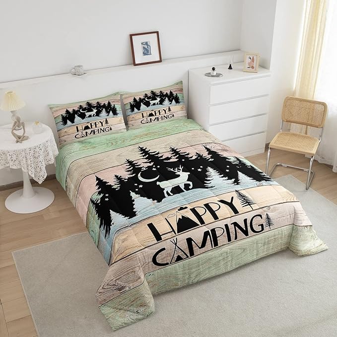 Camper Decor Quilt Bedding For Full Rustic Farmhouse Camping Comforter Set Woodland Animal Deer Rv accessories Bedding Sets Gifts For Teen Boys Girls Black Green Wooden Board Bunks Decor 2 Pillowcases