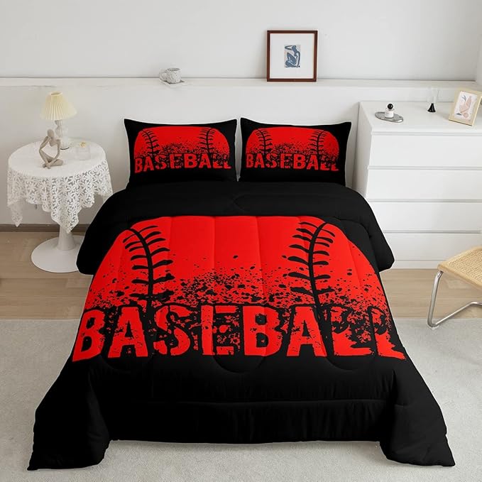 Baseball Comforter Set Twin Size Kids Red Black Sports Quilt Bedding Set For Boys Girls,Reversible Black Bedding Comforter Sets Soft Lightweight For All Season,1 Comforter And 1 Pillow Case
