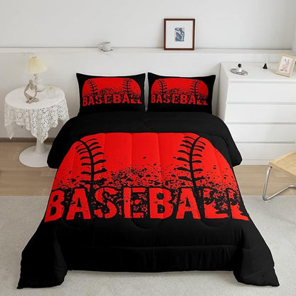 Baseball Comforter Set Twin Size Kids Red Black Sports Quilt Bedding Set For Boys Girls,Reversible Black Bedding Comforter Sets Soft Lightweight For All Season,1 Comforter And 1 Pillow Case