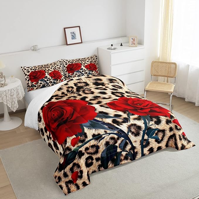 Erosebridal Rose Flower Comforter Set for Kids Girls Women, Leopard Print Down Comforter King Size, 3D Red Floral Petal Bedding Set Cheetah Animal Skin Quilted Duvet for Bedroom Decor, Brown