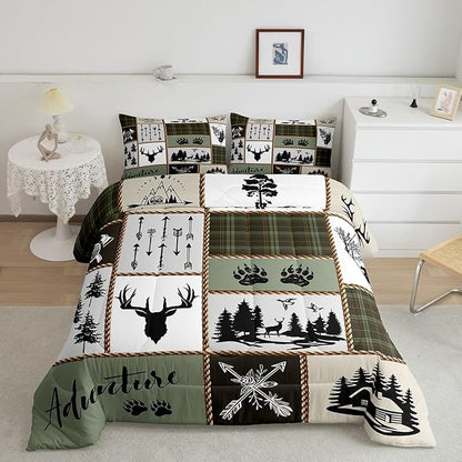Rustic Farmhouse Kids Comforter Set Queen Size,Deer Antlers Bear Paws Plaids Patchwork Bedding Set for Boys Girls Adults Room Decor,Pine Trees Arrows Down Comforter,Retro Duvet Insert,2 Pillowcases