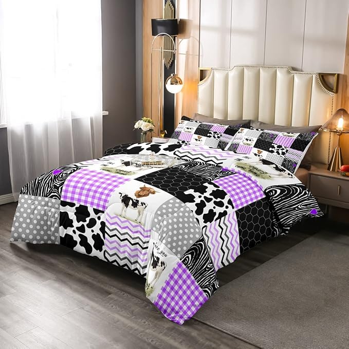 Erosebridal Cute Cow Print Comforter Set King Size Kawaii Highland Cow Bedding Set Bedroom Decor Honeycomb Plaid Pattern Geometric Stripes Down Comforter Farm Animals Duvet Set, Purple Black Grey