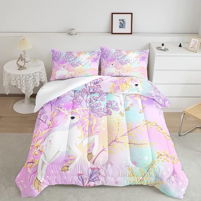 CVHOUSE Rainbow Unicorn Bedding Full Size,Rainbow Unicorn Bedding Set for Girls Kids Teens,Rainbow Unicorn Comforter Set Unicorn Duvet Set Unicorn Quilt Set Girls Room Decor 3 Pieces