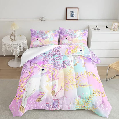 CVHOUSE Rainbow Unicorn Bedding Twin Size,Rainbow Unicorn Bedding Set for Girls Kids Teens,Rainbow Unicorn Comforter Set Unicorn Duvet Set Unicorn Quilt Set Girls Room Decor 3 Pieces