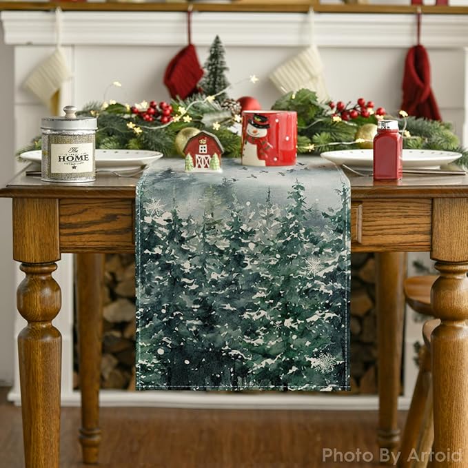 Artoid Mode Green Tree Snow Christmas Table Runner, Seasonal Winter Holiday Kitchen Dining Table Decoration for Home Party Decor 13x60 Inch