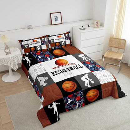 Basketball Queen Comforter Set For Boys Sports Bedding Set Basketball Athlete Bed Comforter Sets Patchwork Style Orange Black White Grey Soft Lightweight Quilt Duvet Insert 2 Pillow Cases Room Decor